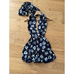 Lulus Navy Blue Floral Halter Romper - Backless Convertible Mini Romper Size Sm